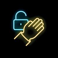 Hands approaching open padlock in neon light style vector