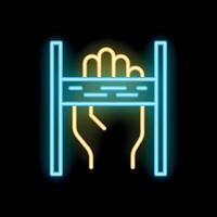 Neon icon illustrating a hand gripping a horizontal bar with glowing lines on black background vector
