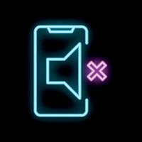 Neon sign showing smartphone with muted sound on black background vector