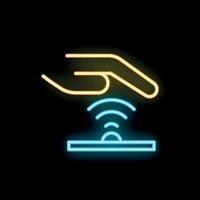 Hand pressing button with index finger and emitting wifi signal neon sign vector