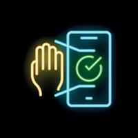 Neon sign of hand using mobile payment system with check mark vector