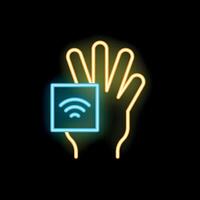 Hand holding wireless network neon sign icon on black background vector