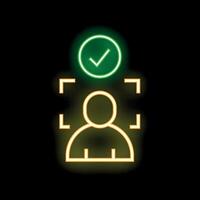 Neon icon of facial recognition system scanning person with check mark symbol vector