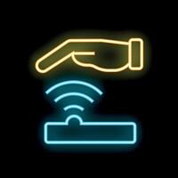 Hand reaching for contactless payment terminal with nfc technology neon icon vector
