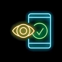Neon icon of eye watching smartphone with check mark approving vector
