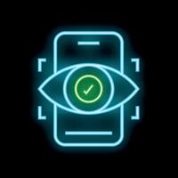 Neon icon of eye with check mark scanning smartphone screen vector