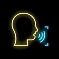 Neon icon of a human head recognizing and processing voice command vector