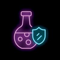 Neon icon of chemical flask protected by shield representing secure experiment vector