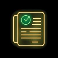 Neon sign of approved document with check mark on black background vector