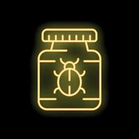 Neon sign of bug in a jar icon glowing on dark background vector