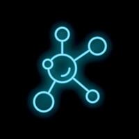 Neon style icon showing molecule structure connecting circles on black background vector