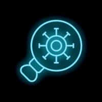 Neon magnifying glass zooming in on virus molecule on black background vector