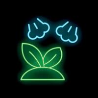 Neon style icon showing a seedling growing from the ground with two clouds above vector