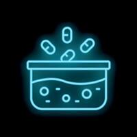 Neon icon of pills dissolving in beaker with liquid for scientific experiment vector