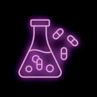 Neon icon of erlenmeyer flask containing pills dissolving in liquid vector