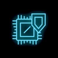 Neon blue cyber security icon depicting a cpu being protected by a shield vector