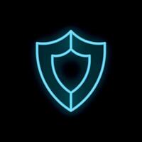 Blue neon shield glowing on black background symbolizing protection vector