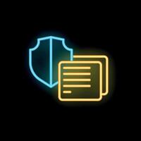 Neon shield protecting documents icon representing data security vector