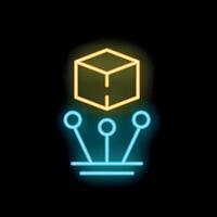 Neon sign representing blockchain technology connecting with cube symbolising block vector