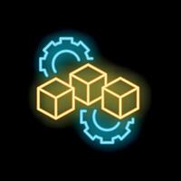 Neon blockchain technology concept with cubes and gears vector
