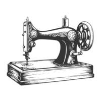 An old sewing machine is shown in black and white vector