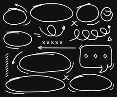 Handcrafted scribble elements. Hand drawn circles,chat bubble, arrows collection on black background vector