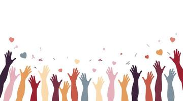 Raised hands of volunteer group, colorful banner. vector