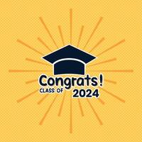 Graduation class of 2024 party greeting lettering on yellow background. Congratulations greeting card with lettering, academic cap and firework. illustration vector
