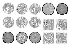 Wooden texture. Hand drawn wood tree rings. Graphics round, square elements, outline tree rings, stumps structure. Decorative nature cutting wood circle. set. vector