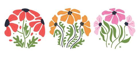 Groovy abstract flower set. Organic circle shapes in trendy retro hippie 60s 70s 80s style. vector