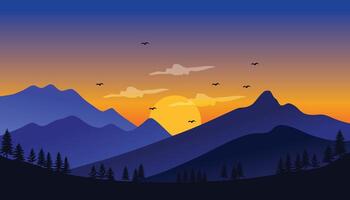 Adventure mountains sunset background with orange and blue light reflection and pine trees lined up. Background illustration. vector