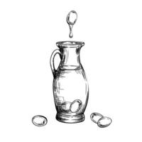 Glass bottle, carafe and olive berries fruit with drop of oil. Jar with food sauce. sketch in line art style painted by black inks. illustration for label, menu, logo. Isolated from background vector