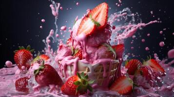 Splash and drops yogurt, milk, ice cream from falling ripe red strawberries. image photo
