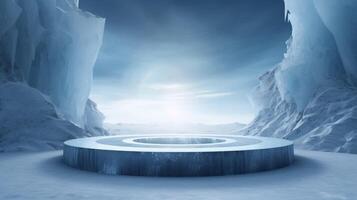 Product placement scene mockup from frozen ice pedestal for presentation. Neural network photo