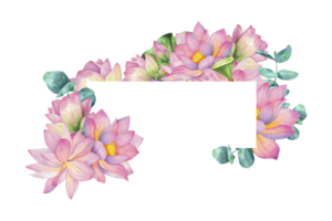 Pink blooming lotuses, buds, eucalyptus branches. Rectangular frame isolated on background. Hand drawn watercolor illustration. For design, decor, postcards, typography, menu, souvenirs png