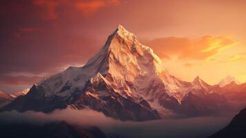 Beautiful colorful sunset over the snowy mountain range. Neural network photo