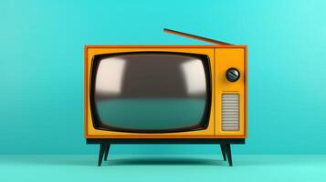 Yellow orange color old vintage retro television on table with mint blue background. Neural network photo