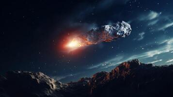 A comet or asteroid, a meteorite falls to the ground against a starry sky. Neural network photo