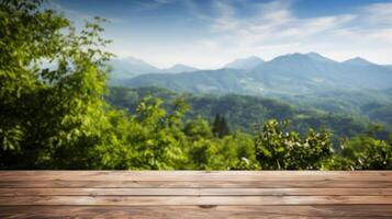 Empty wood table top with blur background of mountain and green nature. Neural network photo