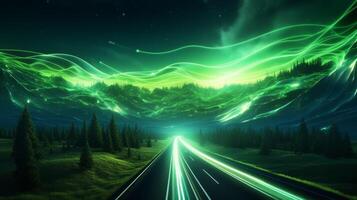 Motion blurred front view of cars running in modern city. Abstract transportation background. Neural network photo