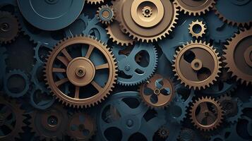 Vintage metal gears or cogs on dark background. Neural network photo