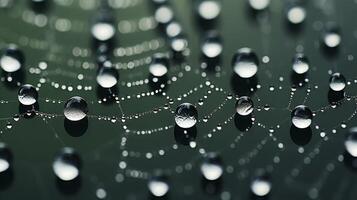 Background spider web in morning dew drops on green grass. Neural network photo