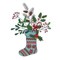 New Year illustration with Christmas stocking and decor. Can be used to create cards, invitations, backgrounds, patterns, covers. vector
