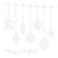 Silver Christmas tree balls on a rope. Hand-drawn illustration for New Year and Christmas. Can be used to create cards, invitations, backgrounds, patterns, coloring pages. vector