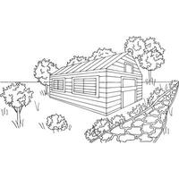Country house in a garden with trees and a stone path. Coloring page. Illustration in sketch style on white background. vector