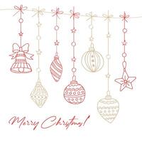 Winter illustration for New Year and Christmas from red and gold balls on the tree. Can be used to create cards, invitations, backgrounds, patterns, coloring pages. vector