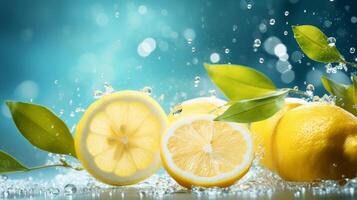 Flying fresh lemon with lemon slice on light background. Neural network photo