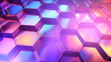 Abstract three dimension space background with hexagons in neon purple and blue colors. Neural network photo