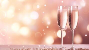 Concept with the glasses of champagne in beige bokeh background. Neural network photo