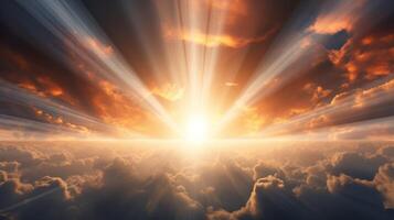 Sun beams or rays breaking through the dark clouds at sunset. Neural network photo